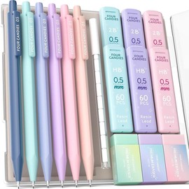 Four Candies Mechanical Pencils 0.5, with HB & 2B Lead Refills 0.5mm, Pastel Eraser Set & Eraser Refills, 16-Count Pack with Case, Cute Aesthetic School Supplies for Writing, Drawing and Drafting:_6PCS 0.5mm + 0.7mm + 0.9mm