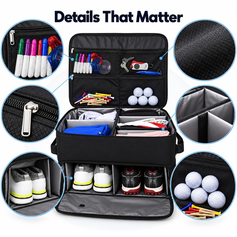 Golf Trunk Organizer With Shoe Storage, Multi-Compartment Car Storage Box