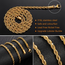 HSWYFCJY 4 MM Twist Rope Chain, Stainless Steel Gold Rope Chains Necklace for Men Women Fashion Jewellery Birthday Gift Length of Chain 50 CM