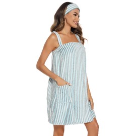 Veseacky Women Terry Spa/Bath Wrap Lightweight Adjustable Closure Spa Towel and Dry Fast (XL,Green Stripe)