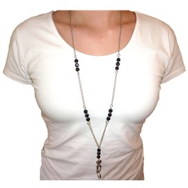 Hidden Hollow Beads Necklace, 34" ID Badge Holder, Women's Fashion (Beaded Chain Black Magnetic Lanyard)