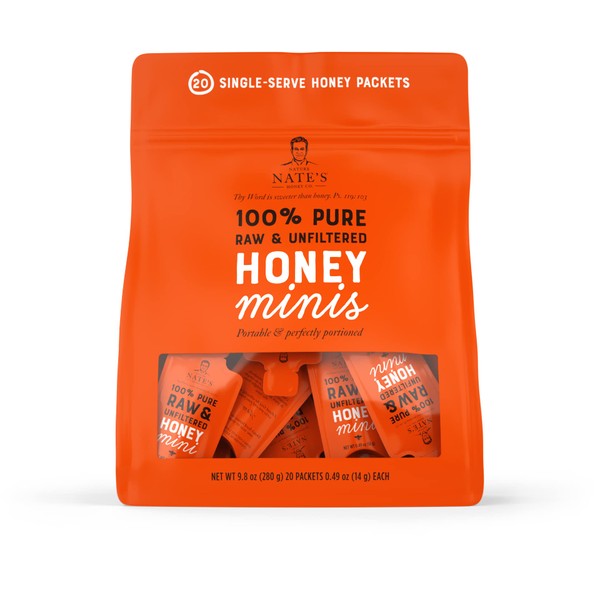 Nature Nate's Raw & Unfiltered Honey Minis Packets, 20 Ct Bag – 100% Pure Miel, una sola porción 14 g por paquete
