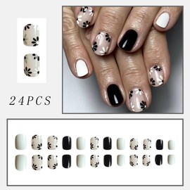 24Pcs Black White Flower Press on Nails Short Square Fake Nails Spring Summer Design Glossy Glue on Nails Full Cover Floral False Nails Artificial Acrylic Nails for Women Girls Nail Art Accessories