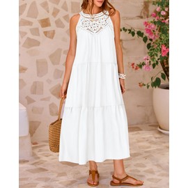 BTFBM Summer Halter Dresses for Women 2025 Casual Spring Hollow Out Sleeveless Boho Sundresses Beach Vacation Maxi Dress(White, Medium)