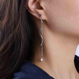 Aneneiceera Boho Long Crystal Dangle Earrings Silver Swirl Wire Drop Earrings Long Silver Spiral Wire Earrings Cz Spiral Earrings Jewelry for Women