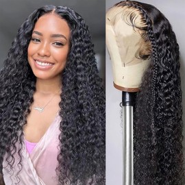 SWEETGIRL 200 Density Water Wave 13x6 Lace Front Wigs Human Hair Pre Plucked HD Transparent Lace Frontal Wigs Curly Human Hair Wig for Women 26 Inch Natural Black