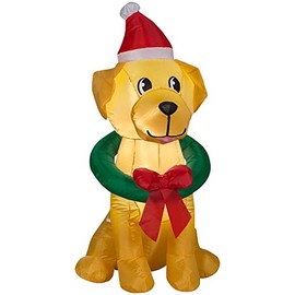 3.5' Gemmy Airblown Inflatable Yellow Lab Dog Wearing A Santa Hat w/Wreath Around Neck Yard Decoration 117257