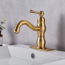 gotonovo Antique Brass Bathroom Sink Faucet 6 Inch Long Reach Spout Single Handle Lavatory Vanity One Hole Mixer Deck Mount Tap with Pop Up Drain Lavatory Commercial Lead-Free