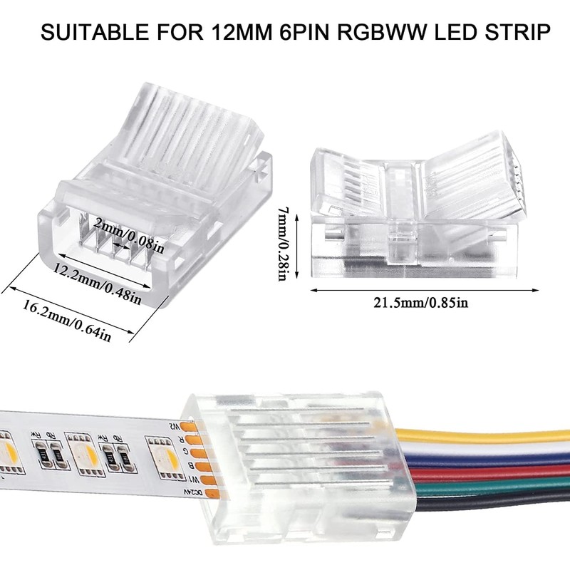 12mm 6-pin wide LED strip connector solderless, 20pcs, 6 wires,