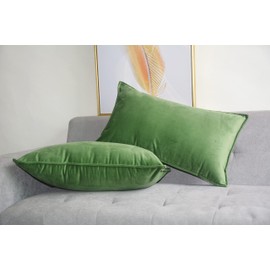 Lutanky Pack of 2 Velvet Cushion Covers Olive-Green Decorative Rectangle Throw Pillow Case Soft Flanges Pillowcases for Sofa Bedroom with Invisible Zipper 12x20 Inch 30 x 50 cm