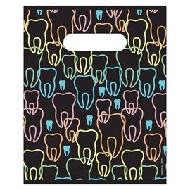 Practicon Neon Teeth 8" x 10" Dental Giveaway Bag, Dental Hygiene Patient Care Goodie Bag, Dentist Office Plastic Gift Bags, 100 Pack