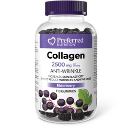 Preferred Nutrition Collagen, 110 Gummies, Elderberry Flavour, Promotes Healthy Collagen and Elastin Production, Helps Reduce Wrinkles and Fine Lines, 2500mg per serving, Hydrolyzed Bovine Collagen Peptides