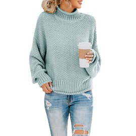 Saodimallsu Women's Pullover Turtleneck Oversized Bat, Long Sleeve Sweatshirt, Loose Chunky Knit Casual Sweater, Green, xl