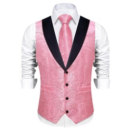 DiBanGu Mens Silk Vest and Tie Set 7PCS Paisley Suit Waistcoat and Necktie with Lapel Pin for Wedding Shawl Collar Dress Vest, Blush Pink, Medium
