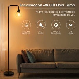 Modern Floor Lamps for Living Room with 6W LED Bulb, Industrial Floor Lamp, Clear Glass, Black Classic Reading Tall Lamp for Home Office, Standing Lamps for Bedroom, Study, Minimalist, Vintage