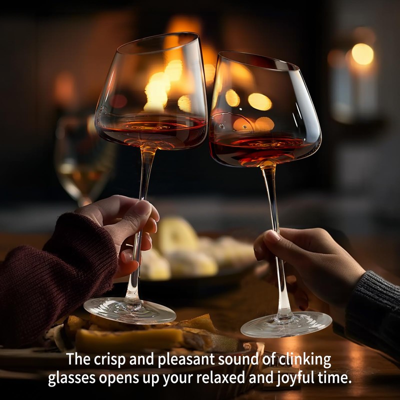 Slanted Red Wine Glasses, Set of 2, Modern, Crystal, Hand