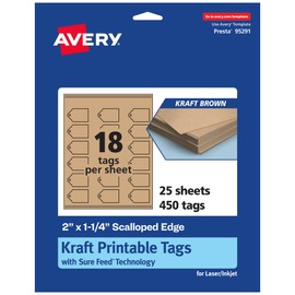 Avery Printable Rectangle Scalloped Tags with Sure Feed Technology, 2" x 1-1/4", Kraft Brown Cardstock, Print-to-The-Edge, Laser/Inkjet, 450 Total, Great for Custom Gift Tags and Branding Tags