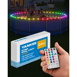 Yankee Strip Pool Lights, Water-Resistant 24 Ft. Rim Pool Light w/Remote, 17 Colors, 7 Flash Modes, Timer, above Ground Pool Lights w/ 6.5 Ft. Power Cable, Ties, Pool Lights for above Ground Pools