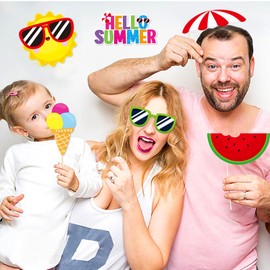 Summer Pool Beach Photo Booth Props 30 Pack Pool, Hawaiian, Beach, Luau Photo Booth Props, Tropical Themed Party with Stick and glue for Summer/Pool/Tiki/Hawaiian Party Supplies decor Photobooth Kit