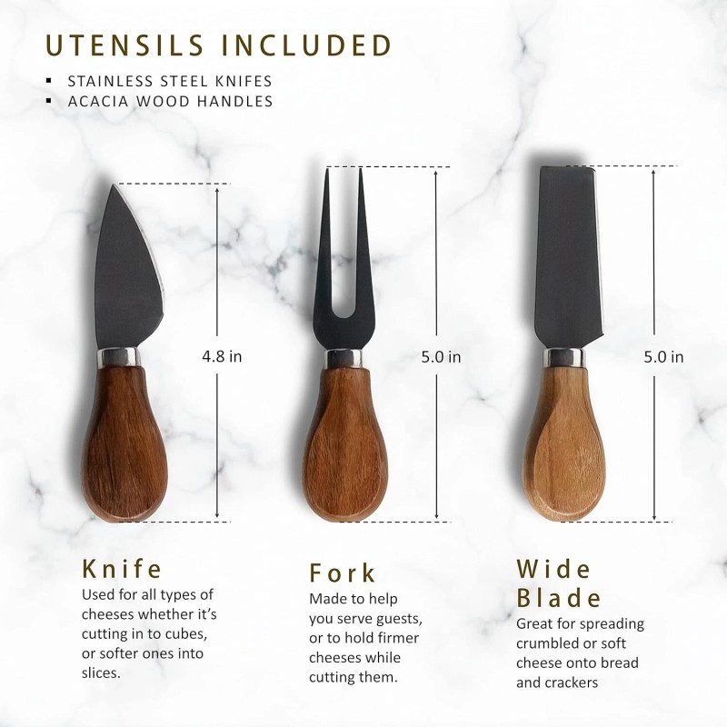 Cheezcare White Marble Cheese Board - Acacia Wood - 3-Knife