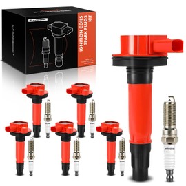 A-Premium Ignition Coil Pack and Iridium Spark Plugs Compatible with Ford F-150, Explorer, Edge, Transit, Mustang, Taurus, Flex & Lincoln MKZ, MKX, MKS, MKT & Mazda CX-9, 3.5L 3.7L, Red Set of 6