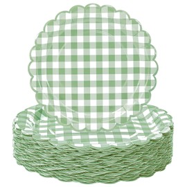 HEIPINIUYE 50 platos de papel a cuadros de color verde salvia de 7 pulgadas, platos festoneados de guinga de salvia, plato de cena desechable para boda, baby shower, fiesta de cumpleaños, plato de