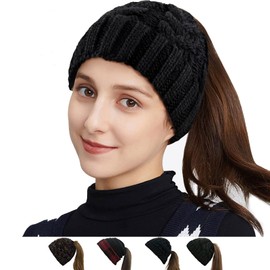 Bocianelli Womens High Messy Bun Beanie Hat with Ponytail Hole, Winter Warm Trendy Knit Ski Skull Cap