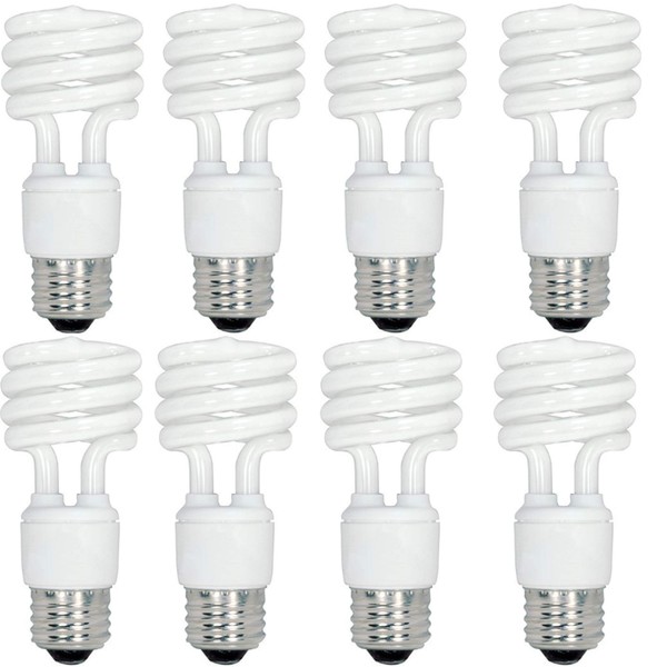 Satco S6278 Mini Spiral Compact Fluorescent Light Bulbs (8-Pack), 18 Watt, 120 Volts, 1140 Initial Lumens, T2 Lamp Shape, Medium Base, E26 ANSI Base, 18T2/27 Lamp Code, 2700 Kelvin Temp, 82 CRI