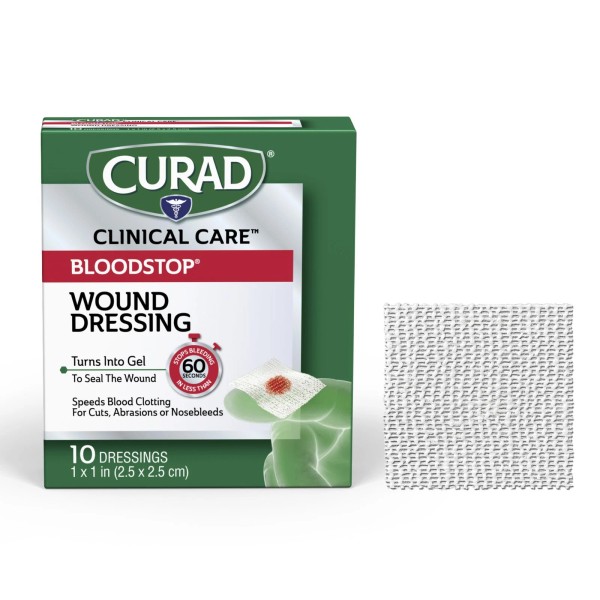 CURAD BloodStop Wound Dressing, 1” x 1”, Hemostatic Gauze Helps
