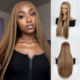 VOKEYLA Synthetic Lace Front Wigs For Women Stripe Highlight Honey Blonde Straight Hair Glueless 13x1 Long Yaki Straight Natural Heat Resistant Fiber Natural Wig With 26 Inch (HHB)