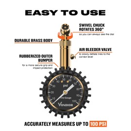 Vondior Tire Pressure Gauge (0-100 PSI) Certified ANSI Accurate with Large 2 Inch Easy to Read Glow Dial, Low - High Air Pressure Gauge. Tire Gauge for Car and Trucks Tires
