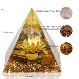 Hopeseed Orgone Pyramid Flower of Life Orgonite Money Healing Crystals Pyramid for Positive Energy with tiger's eye Stones and luck white crystal that promotes wealth, prosperity and attracts success