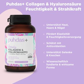 puhdas+ Collagen & Hyaluronic Acid [120 Vegan Capsules] High Dose Complex of Sea Collagen, Hyaluronic Acid, Biotin, Vitamin C & Zinc, Hyaluronic & Collagen Capsules High Dose, From Finland
