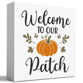 HTBIG Fall Wooden Box Sign Desk Decor, 5.1 X 5.1 Inch Pumpkin Autumn Wood Sign for Tiered Tray Decor for Home Living Room Harvest Day Thanksgiving Tabletop Decor-Welcome to Our Pumpkin Patch