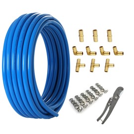 GUOFIS 3/4 Inch PEX-B Pipe, 1Roll 100 Feet Length Blue PEX Tubing Pipes for DIY/Repair Kit, with 3/4" Barb Crimp Brass Fittings-Elbow Tee Coupler(10 PCS), 3/4" Cinch Clamps (30 PCS) with Pipe Cutter