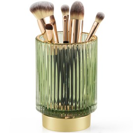 CANITORON Makeup Brush Holder,Glass Makeup Brush Holder Organizer Store Cosmetic Tools,Eyeliner,Storage Organizer for Vanity,Bathroom Countertop Organize and Bedroom Countertop Storage.(Green L)