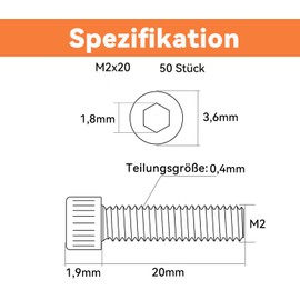 Dayalo Pack of 50 M2 x 20 screws, cylinder head screws, cylinder screws with hexagon socket, flat head screws, stainless steel A2 V2A, fully threaded, hexagon socket screws with key