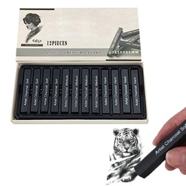 Pressed Charcoal, Drawing Charcoal Set, Sketch Charcoal Pencils, Charcoal Pencils in Black, Charcoal Pencils Set, Used for Painting, Sketching, Designing, Art, 12 Pieces (4 Soft + 4 Medium + 4 Hard)