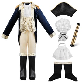 IKALI Kids George Washington Costume With Wig and Hat Accessories, Boys Children Hamilton American Colonial Day Outfit Uniform 8-10 Years