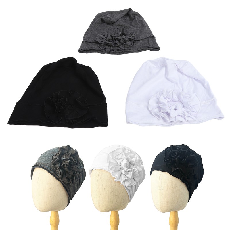 Women Turban Flower Cap Balck White and Gray Pure Color