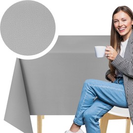 KP HOME PVC Washable Tablecloth - Square 140 x 140 cm, Grey Oilcloth Tablecloth with Linen Look, Waterproof, for Outdoor and Indoor Use, Wipe Clean Tablecloth with Herringbone Pattern