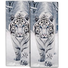 amepay White Tiger Hand Towels Set 2PCS, 14.5x28 Inch, Majestic Snow Jungle Animal with Blue Eye, Bold Wildlife Design, Polyester Towel for Adults, Bathroom, Spa, Hotel, Winter Decorative Gifts