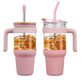 chunmo 40 oz Glass Tumbler with 2 Lids-Bamboo Straw Lid & 2-in-1 Sip and Flip Straw Lid,Iced Coffee Cup with Handle, Glass Water Bottles with Silicone Sleeve,Glass Cup with Straws, BPA Free-1 Pack