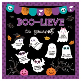 Motiskyy 52 Pcs Halloween Bulletin Board Positive Boo-Lieve in Yourself Bulletin Board Spooky Ghost Boo Pumpkin Spider Bat Cutouts Season Classroom Decors for Halloween Holiday Party School Home