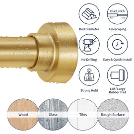 YNL Shower Curtain Rod with 12 Shower Curtain Rings, 34-82 Inches, Non-Slip, Never Rust, No Drill Tension Curtain Rod for Bathroom & Window & Closet or Door, Shower Rod Stainless Steel, Brushed Gold