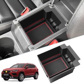 SKTU Centre Console Organiser Compatible with Seat Ateca 2016-2024 Glove Box Armrest Storage Compartment Storage Box (Red)