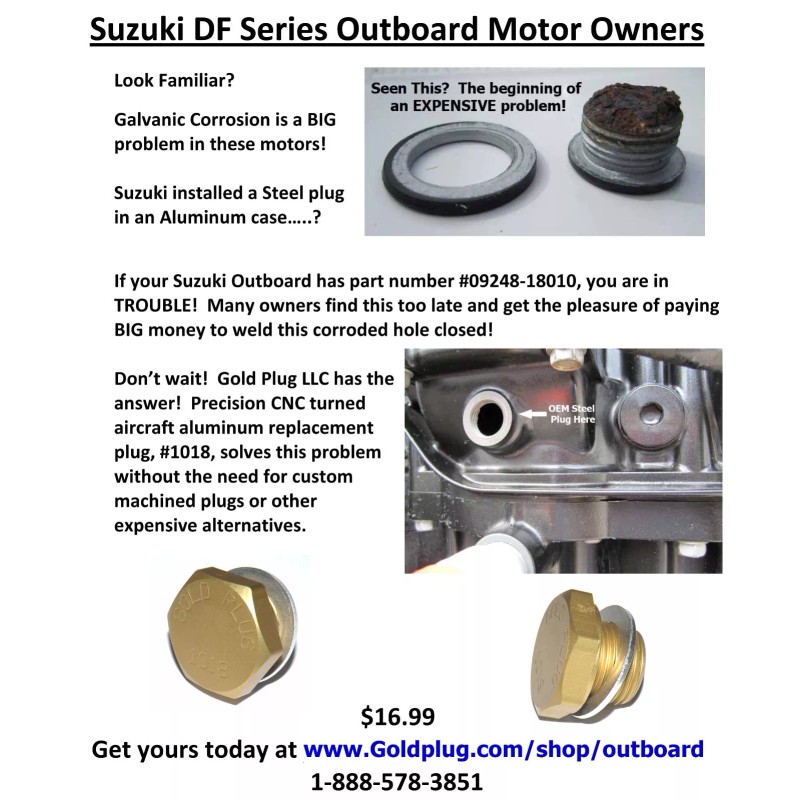 GoldPlug Suzuki Outboard DF140 Engine Exhaust Port Replacement Drain Plug
