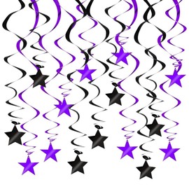 RIBBOOO 15 PCS Black Purple Star Hanging Swirl Reflective Paper Garland Glitter Garland Streamer for Graduation Wedding Baby Shower Birthday party Anniversary Christmas Helloween Decorations