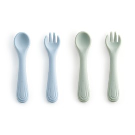 Bc Babycare Toddler Forks and Spoons Set, Silicone Toddler Utensil Set for Baby, Self Feeding Baby Feeding Spoon and Fork for Boys and Girls 2 Pack Blue & Green