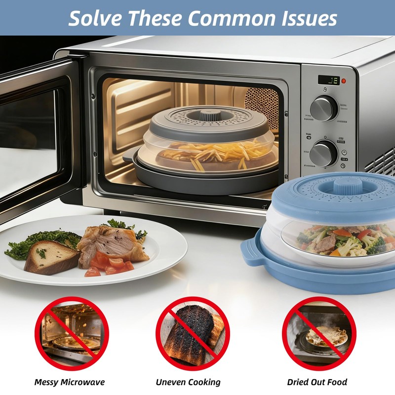2 Pcs Microwave Splatter Cover, 10.7'' Blue&Grey Collapsible Splatter Guard&Vegetable